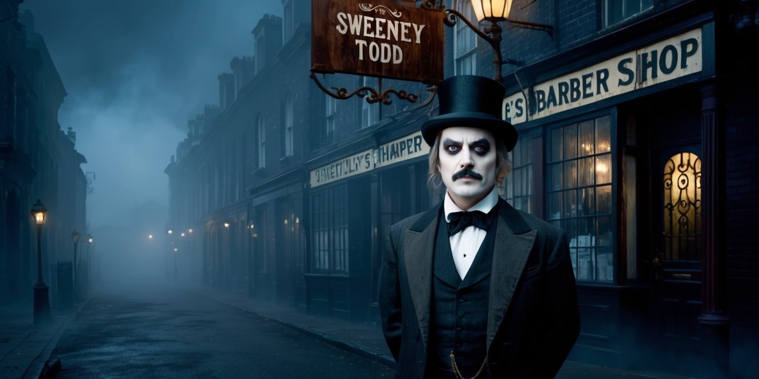 A misty, Victorian-era inspired streetscape of Fleet Street at dusk, with Sweeney Todd's barber shop, adorned with old-fashioned wooden signage and rusty ironwork, standing out amidst the dimly lit, fog-shrouded buildings. In the foreground, a sinister-looking Johnny Depp as Sweeney Todd, with his pale skin, sunken eyes, and menacing gaze, stands proudly in front of his shop, dressed in a worn, black suit and top hat, his hands clasped behind his back. To his right, a demure Helena Bonham Carter as Nellie Lovett, with her porcelain skin and dark, curly hair, peers out from the shadows, her eyes fixed intently on Todd. The atmosphere is dark, foreboding, and hauntingly beautiful, with a muted color palette of deep blues, greys, and blacks, punctuated by the faint glow of gas lamps and the eerie, flickering light of candles.