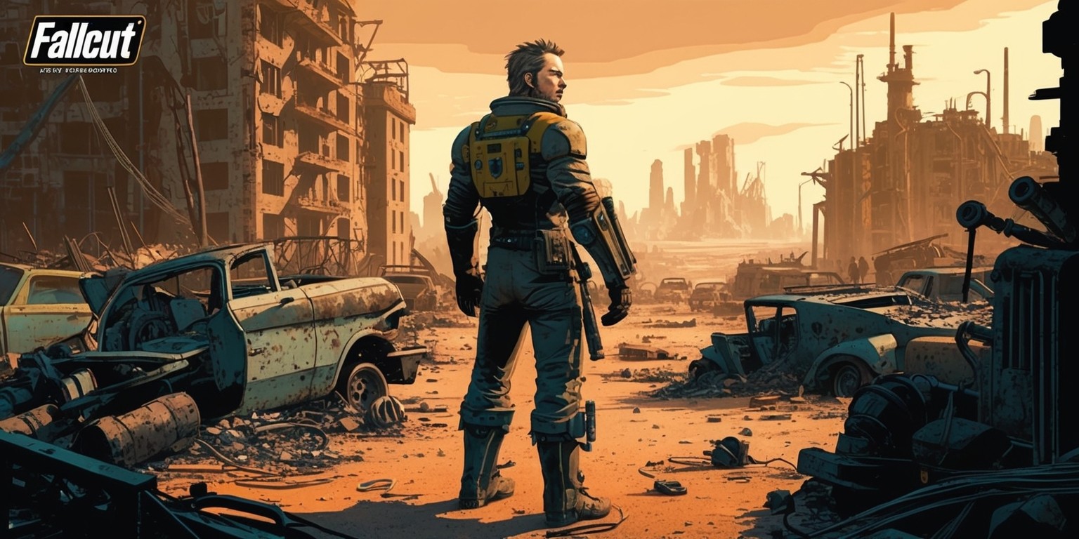 A gritty, post-apocalyptic scene inspired by the Fallout series, set in a desolate, ravaged urban landscape with crumbling buildings, twisted metal, and scattered debris, bathed in a warm, orange-brown color palette with accents of dark greens and blues, evoking a sense of decay and neglect. In the center, a lone figure, clad in worn, tattered Vault-Tec attire, stands amidst the ruins, gazing out at the horizon, their weathered face a testament to the harsh environment, with prominent cheekbones, a strong jawline, and a determined expression. The surrounding environment is littered with abandoned vehicles, rusting machinery, and the remnants of a bygone era, as if time itself has been frozen in this moment of devastation. The overall aesthetic is reminiscent of a retro-futuristic, pulp-inspired comic book, with bold lines, heavy shading, and vibrant colors.