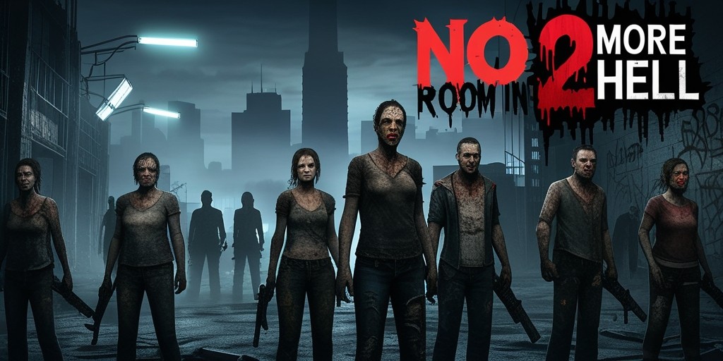 A hauntingly atmospheric video game key art for No More Room in Hell 2, featuring a desolate, post-apocalyptic cityscape at dusk, with a dominant color palette of muted grays, blues, and browns, evoking a sense of decay and hopelessness. In the foreground, a group of gritty, weathered survivors - a mix of men and women with worn, exhausted facial features, grime-stained skin, and tattered clothing - stand back-to-back, armed to the teeth, ready to fend off the undead hordes. Flickering fluorescent lights and graffiti-strewn walls add to the sense of unease, while the eerie, silhouetted skyscrapers loom in the background, shrouded in a thick, impenetrable fog. The game's title, 