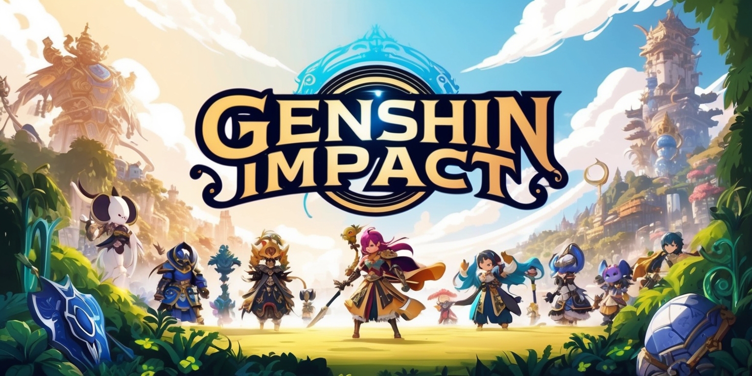 A stylized illustration of a fantastical world, showcasing a sprawling landscape from the popular game Genshin Impact, with vibrant colors and intricate details, set against a warm, sunny backdrop with fluffy white clouds and a subtle gradient of blue hues, featuring iconic characters such as Paimon, Diluc, or Kaeya standing heroically in the foreground, with intricate armor, weapons, and accessories, surrounded by lush greenery, towering structures, and mystical artifacts, with the game's logo emblazoned prominently in bold, golden font with curved, ornate lines, accompanied by subtle, shimmering effects and intricate textures, conveying a sense of adventure, magic, and wonder.