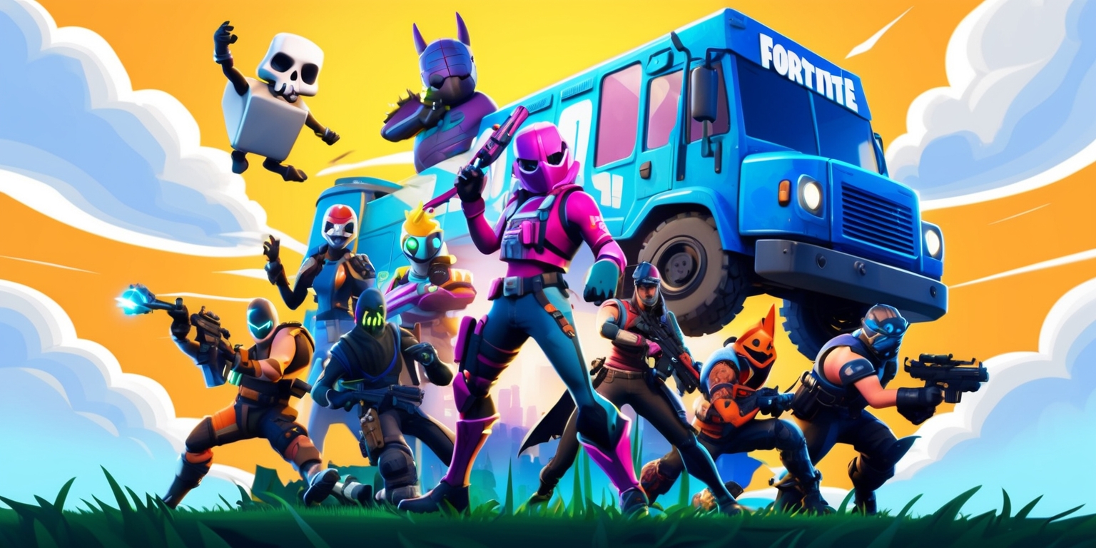 A vibrant, high-energy illustration of the popular battle royale game Fortnite, set against a bright, sunny sky with fluffy white clouds, showcasing iconic characters and elements, such as the Loot Llama, Battle Bus, and various skins like Skull Trooper and Renegade Raider, in a dynamic, action-packed scene with expressive gestures and bold, bright colors like electric blue, neon green, and vibrant orange, blending cartoonish and realistic styles, with bold lines and textured details, and a sense of excitement and adventure.