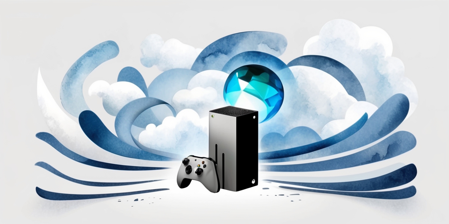 A modern, minimalist illustration featuring a stylized Xbox console at the center, surrounded by swirling clouds of watercolor-inspired shapes in soft blues and whites, evoking a sense of fantasy and adventure. In the background, subtle, gradient-filled waves echo the contours of a narrative book, symbolizing the intersection of gaming and storytelling. The Xbox console itself is sleek and silver, with a glowing, jewel-toned orb on the top, representing the captivating worlds within the games. The overall aesthetic is dreamy, ethereal, and mesmerizing, with bold, clean lines and delicate textures. Perhaps a few, strategically placed, wispy pencil lines or subtle sketch marks hint at the creative process behind these narrative-driven games. The entire scene is bathed in a soft, warm light, as if the viewer is peeking into a private, intimate moment of discovery.