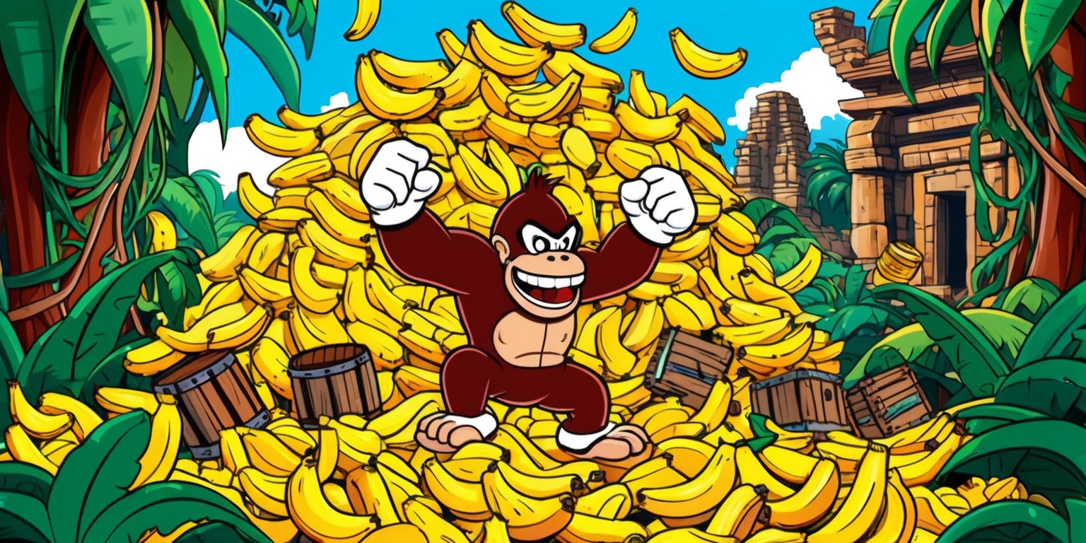 A vibrant, colorful illustration depicting the chaotic and lively atmosphere of a Donkey Kong banana bonanza, set against a bright, sun-kissed jungle background with lush green foliage and sprawling vines. Donkey Kong, the iconic ape, is prominently featured, surrounded by a mountain of bright yellow bananas, with a few strategically placed crates and barrels scattered around him. His facial expression is a mix of excitement and mischief, with a wide, toothy grin and a twinkle in his eye. The bananas are strewn about, some of them partially peeled or partially eaten, adding to the sense of mayhem. In the background, hints of ancient ruins and temple structures peek out from behind the foliage, adding a sense of adventure and exploration to the scene. The overall style is reminiscent of classic video game artwork, with bold lines, vibrant colors, and a sense of dynamic energy.