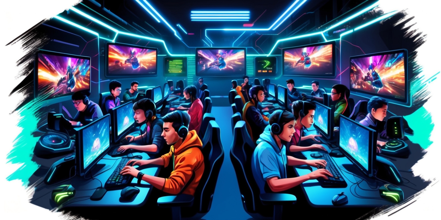 A dynamic illustration of a bustling online gaming arena, set against a vibrant neon-lit backdrop with futuristic, high-tech elements, featuring a diverse group of gamers from different ethnicities and ages, each with unique facial features and expressions, intensely focused on their gaming stations, surrounded by screens displaying fast-paced, colorful game scenes, with sleek, modern gaming accessories and devices scattered around, including gaming mice, keyboards, and headsets, with hints of metallic and neon colors, such as blue, green, and orange, blending with dark tones, and subtle highlights of glowing screens, creating a sense of excitement, energy, and competition, with subtle, modern typography and graphics integrated into the scene, including scoreboards, health bars, and game logos, showcasing the thrill and adrenaline of competitive multiplayer online gaming.