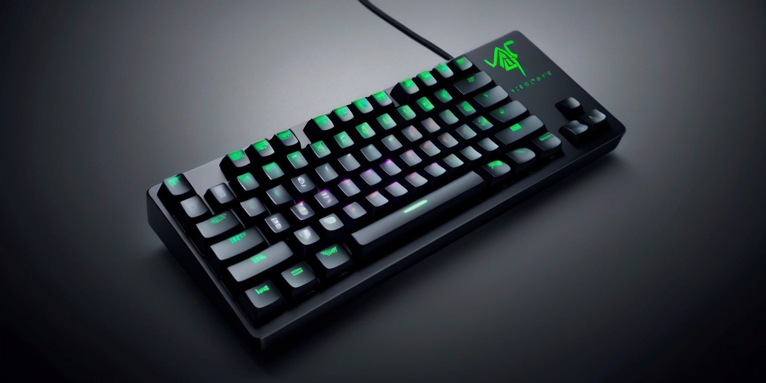 A sleek and modern Razer BlackWidow V4 Pro 75% gaming keyboard is centered in the frame, angled slightly to showcase its compact tenkeyless design, with the Razer logo emblazoned in metallic green on the top-right corner, radiant against the matte black aluminum body, accompanied by a subtle yet striking RGB backlight that illuminates the individual switches and customizable macro keys, which are arranged in a logical and ergonomic layout to facilitate fast and precise typing, set against a dark, gradient gray background that subtly gradates to a deep, cool blue towards the edges, evoking a sense of advanced technology and high-performance gaming.