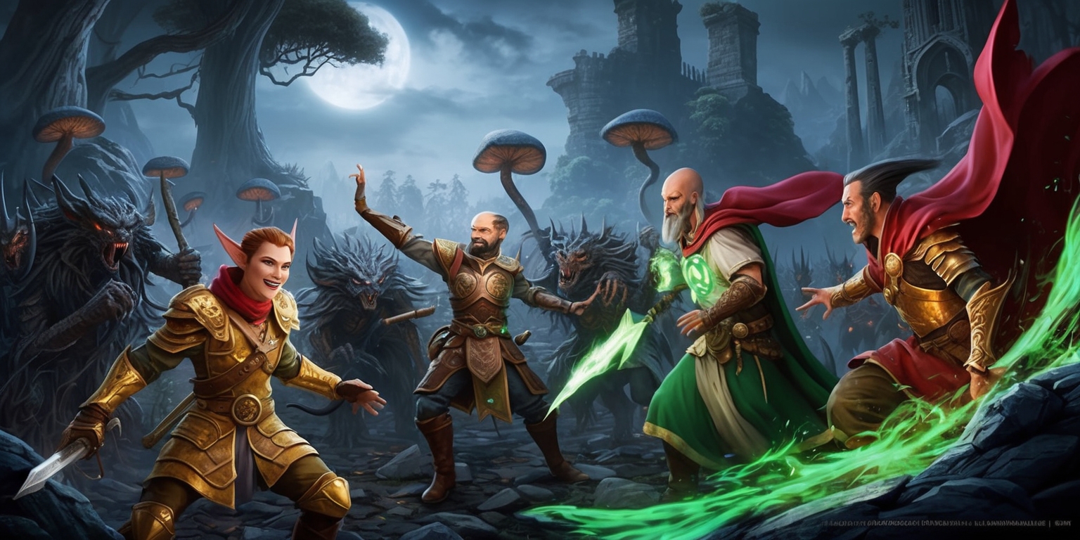 A detailed digital illustration of a fantastical scene from Baldur's Gate 3, set in the Forgotten Realms world of Dungeons & Dragons, depicting a dramatic battle between a group of heroes and a horde of dark, twisted creatures in a misty, moonlit forest, with towering trees, glowing mushrooms, and ancient ruins in the background, the heroes consisting of a half-elf rogue with pointed ears and a mischievous grin, a dwarf cleric with a holy symbol on his chest, and a human wizard with a wild look in his eyes, all rendered in a vibrant color palette with golden armor, crimson capes, and emerald green magic sparks, with intricate details on the characters' faces, armor, and weapons, and a sense of dynamic movement and energy emanating from the scene.