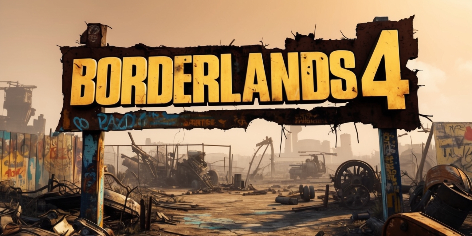 A gritty, dystopian landscape set in a post-apocalyptic world, with a worn-out, rusty sign reading Borderlands 4 in bold, weathered letters, prominently displayed on a rundown, graffiti-covered wall, surrounded by debris and broken machinery, with a hazy, orange-brown sky in the background, hinting at the desolate atmosphere of the game, featuring a mix of realistic and stylized elements, blending cel-shaded visuals with a hint of comic book-inspired art style, with vibrant colors and heavy shading, evoking a sense of high-octane action and adventure, set against the backdrop of a ravaged, barren wasteland, with a focus on the game's iconic, stylized aesthetic.