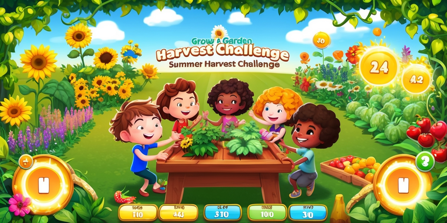 A whimsical, vibrant illustration showcasing the summer harvest challenge event within the Grow a Garden game, set against a warm, sun-kissed background with fluffy white clouds and a bright blue sky. Colorful, diverse summer plants such as sunflowers, daisies, and lavender are scattered throughout the scene, with some plants blooming with radiant flowers and others growing juicy fruits and vegetables. Players, represented by adorable, animated characters with unique facial features and skin tones, are gathered around a large, wooden community table, eagerly donating plants and exchanging gestures of teamwork and excitement. The scene is framed by lush greenery, with vines and leaves wrapping around the edges, and incorporates interactive elements such as glowing buttons, countdown timers, and reward meters that shimmer with a soft, golden light, symbolizing the accumulation of points and rewards. The overall atmosphere is lively, playful, and collaborative, capturing the essence of strategic decision-making, quick reflexes, and immersive seasonal fun.