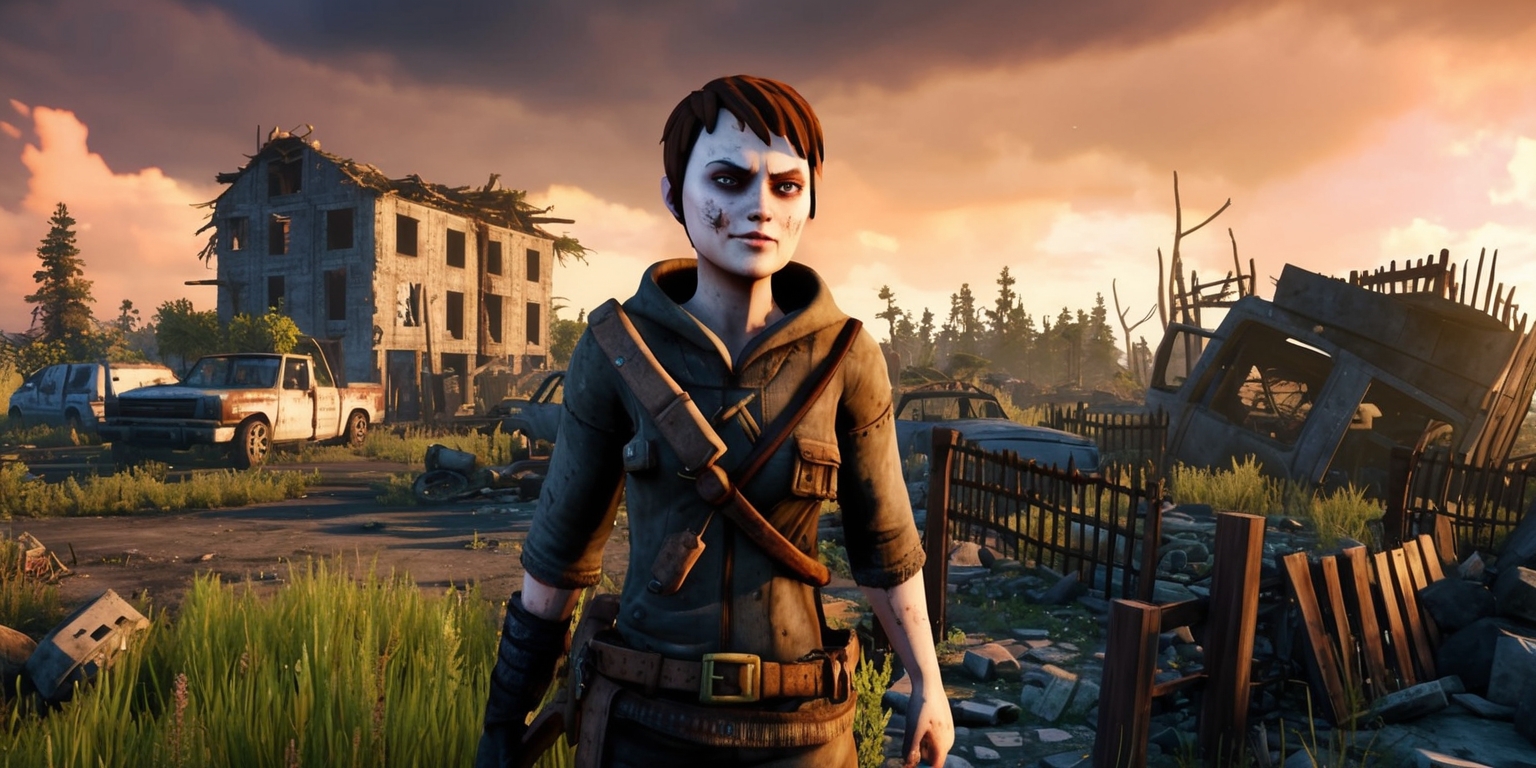 A scenic apocalyptic landscape from the 7 Days to Die game, with a mix of destroyed buildings, abandoned vehicles, and overgrown vegetation, set against a dramatic sky with warm orange and pink hues, featuring a character in the foreground, wearing a rugged post-apocalyptic outfit, with a determined expression, pale skin, and short brown hair, holding a makeshift weapon, such as a wooden club or a shotgun, with a subtle focus on the game's blocky pixelated graphics, and a slight emphasis on the survival and exploration aspects of the game, with a few zombies lurking in the background, and some broken fences, rubble, and debris scattered throughout the scene.