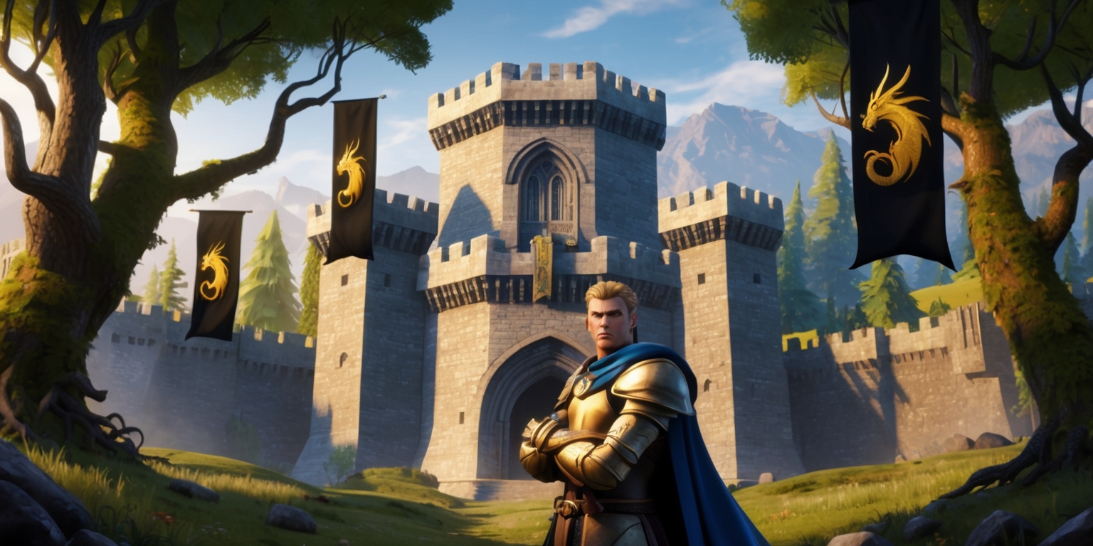 A majestic, medieval-inspired fortress rises from the heart of a mystical forest, surrounded by towering trees with gnarled branches and moss-covered trunks, their canopies a vibrant green. The fortress itself is constructed from rugged, grey stone, with high walls, imposing towers, and grand, arched gateways. Banners bearing the game's emblem, a golden dragon on a black background, flutter in the gentle breeze. At the forefront, a heroic figure clad in shining armor, with a strong jawline, piercing blue eyes, and a determined expression, stands proudly, gazing out upon the landscape. The atmosphere is one of wonder and adventure, with warm, golden light illuminating the scene, casting long shadows and emphasizing the sense of epic fantasy. In the distance, mist-shrouded mountains stretches towards the horizon, inviting exploration and discovery.