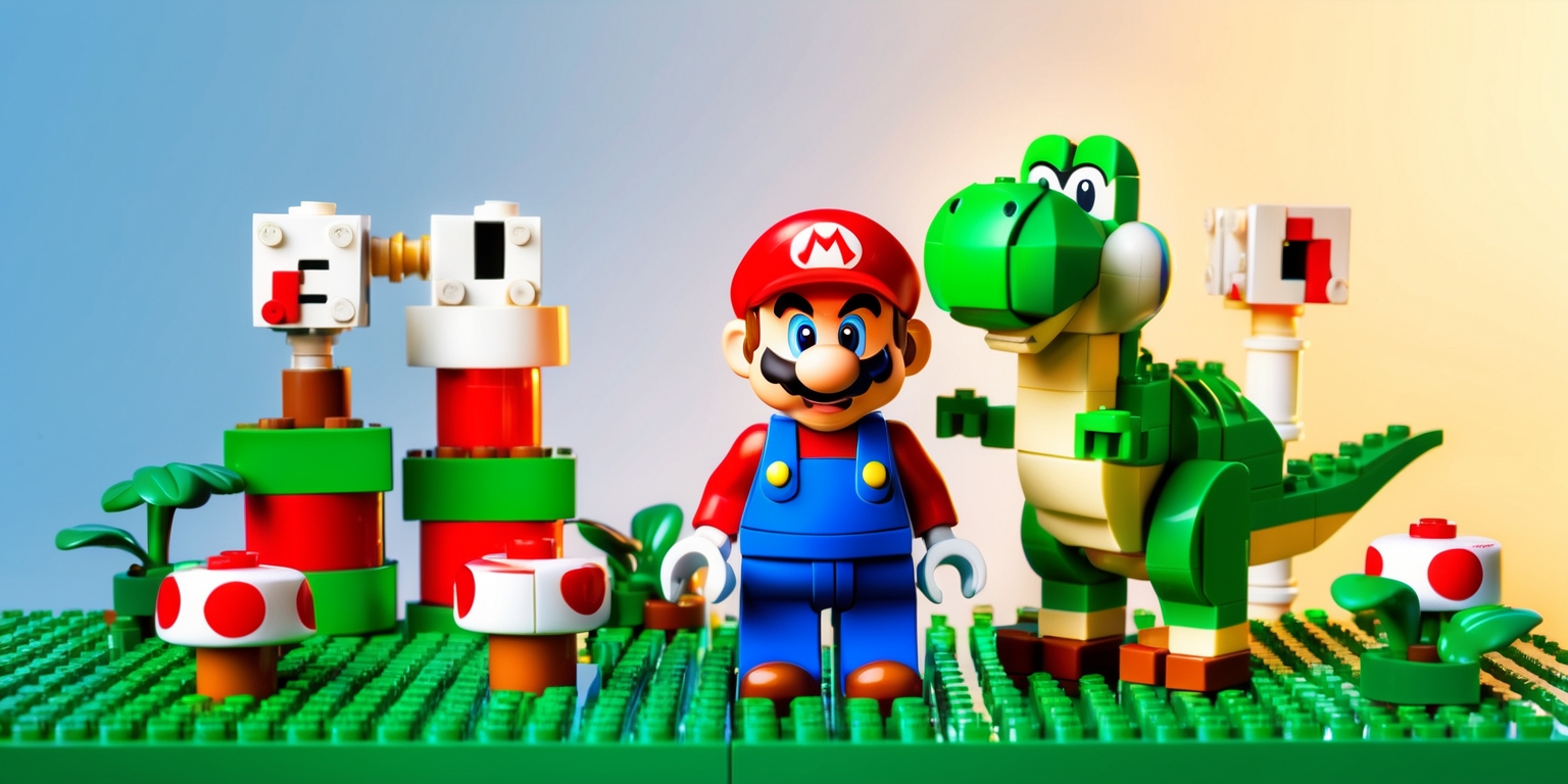 A vibrant and colorful illustration of the Lego Super Mario World: Mario and Yoshi set, featuring the iconic plumber Mario and his lovable dinosaur friend Yoshi standing amidst a lush green grassy landscape with question mark blocks, pipes, and mushrooms, all constructed entirely out of Lego bricks, with a warm golden light casting a gentle glow on the scene, highlighting the intricate details and textures of the Lego pieces, and showcasing the dynamic duo's cheerful facial expressions, Mario's bright red cap and blue overalls, and Yoshi's bright green and white scaly skin, set against a subtle gradient blue background that evokes a sense of wonder and adventure.