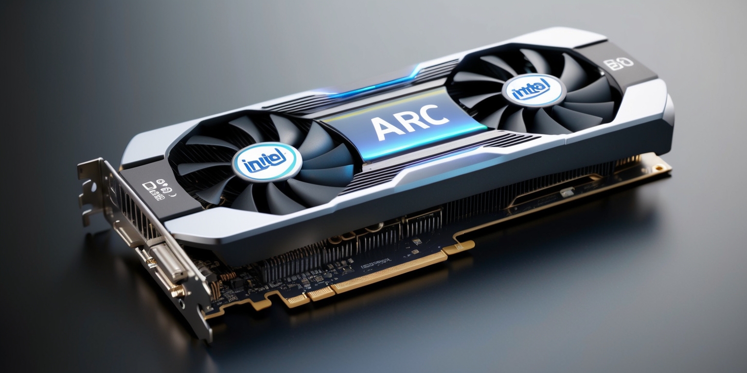 A highly detailed, realistic image of an Intel Arc B580 graphics card, showcased on a clean, matte black background, with the card's sleek, angular design and intricate circuitry visible, the Intel Arc logo prominently displayed in silver and blue hues, with subtle lighting effects to highlight the card's textures and contours, the fans and heat sinks rendered in precise detail, with a shallow depth of field to blur the background and emphasize the graphics card's features.