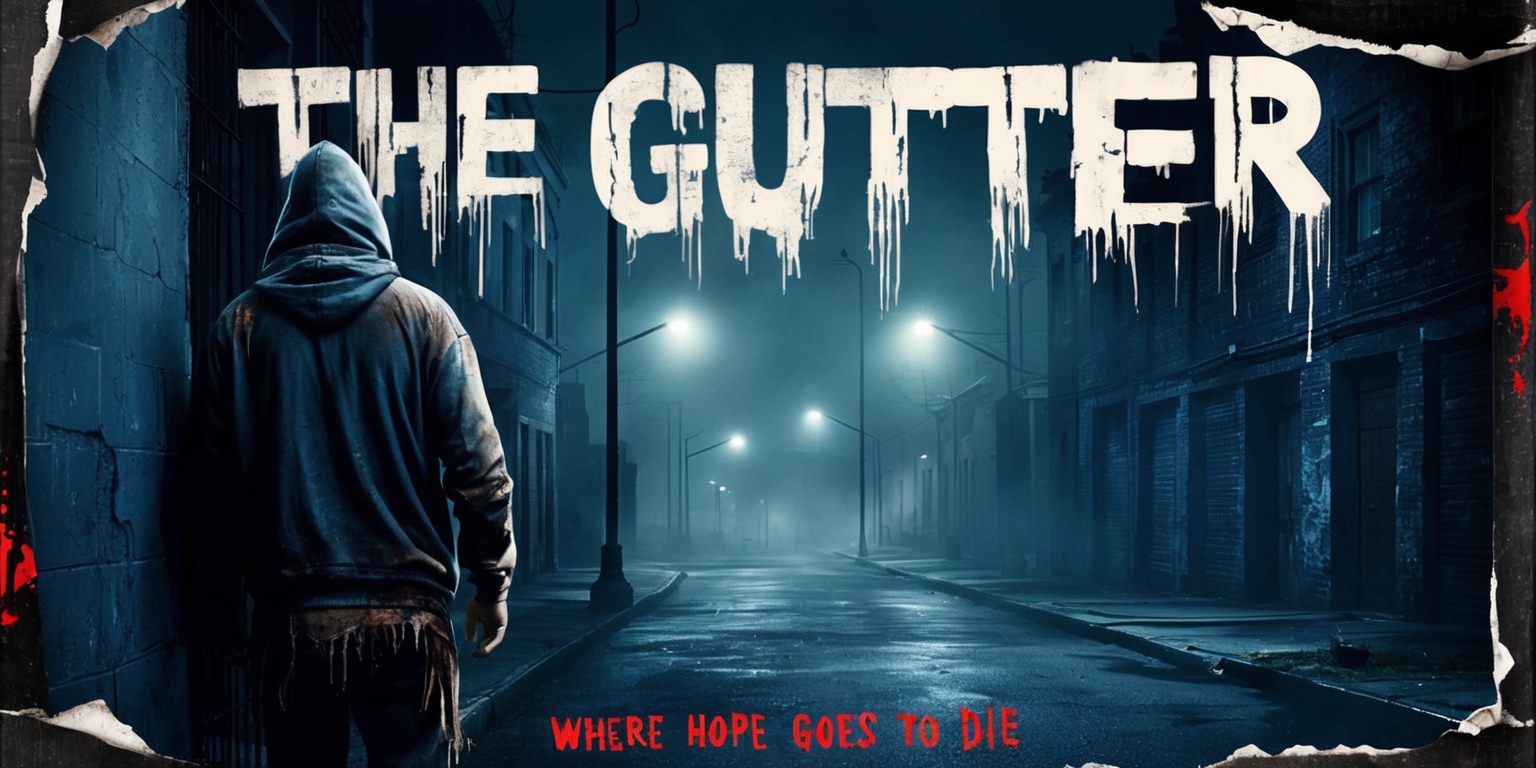 A gritty, urban movie poster for The Gutter featuring a dark, misty cityscape at dusk, with dimly lit alleyways, crumbling buildings, and flickering streetlights casting long shadows. In the foreground, a lone figure, possibly the main character, stands with their back against a wall, face obscured by a hoodie, dressed in tattered, earth-toned clothing. The color palette is muted, with shades of gray, blue, and brown, evoking a sense of gritty realism. The title The Gutter is emblazoned in bold, graffiti-style letters across the top of the poster, with the tagline Where Hope Goes to Die written in smaller, dripping-red text at the bottom. The overall design is distressed, with tears, creases, and worn textures giving the poster a worn, vintage feel.